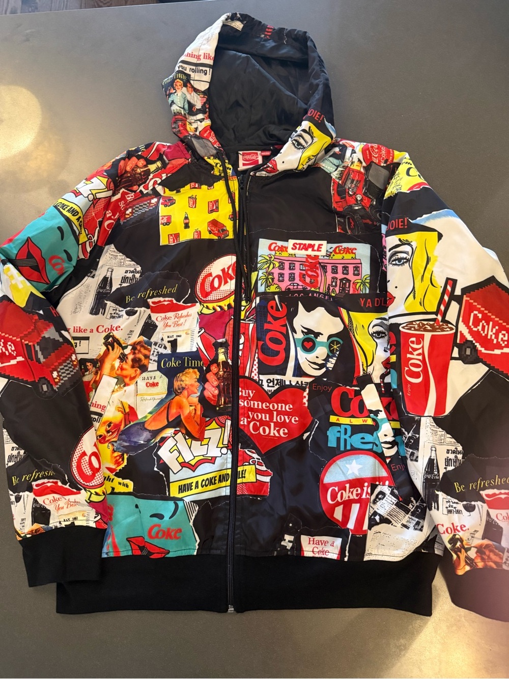 Coca-Cola Pop Art Patchwork Zip-Up Jacket — Red, Yellow, Black